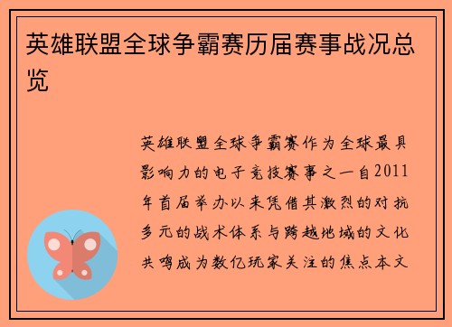 英雄联盟全球争霸赛历届赛事战况总览