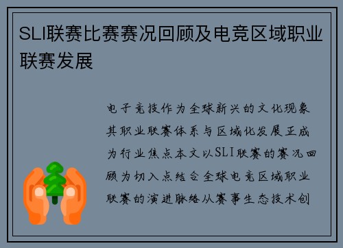 SLI联赛比赛赛况回顾及电竞区域职业联赛发展